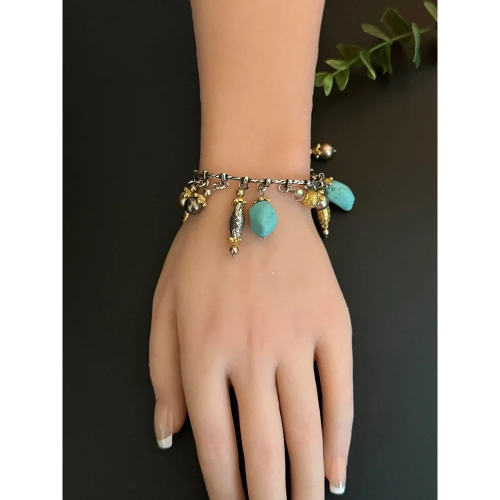 Brighton Turquoise Pearl Mixed Metal Charm Bracelet Silver Gold Tone 7.25